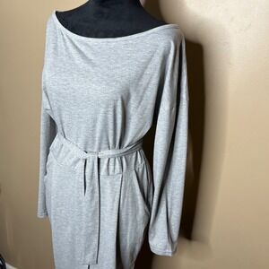 NWT Prettygarden Gray Long Sleeve Belted Midi Dress Women's SZ L Pockets Casual
